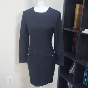 Vtg MISTY LANE Black Rayon Wool Blend Button Detail Long Sleeve Sheath Dress